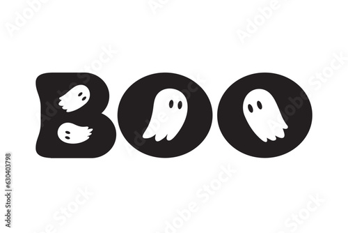 Boo Text with Ghost. Cute Halloween ghost with speech bubble. Boo. Vector.