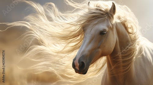  a white horse with long hair blowing in the wind with a blurry background.  generative ai