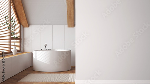 Minimal white ljapandi bathroom on a foreground wall  ceramic tiles  interior design architecture idea  concept with copy space  blank background