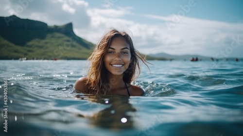 jeune fille Polynésienne souriante en train de se baigner dans la mer près d'une île en Polynésie dans le lagon