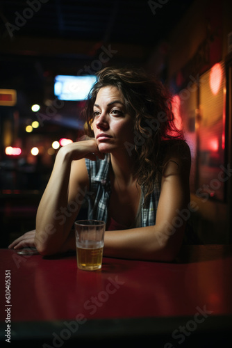 femme pensive et un peu triste assise à la table d'un bar avec un verre d'alcool à coté d'elle, ambiance cosy avec lumière rouge © Sébastien Jouve