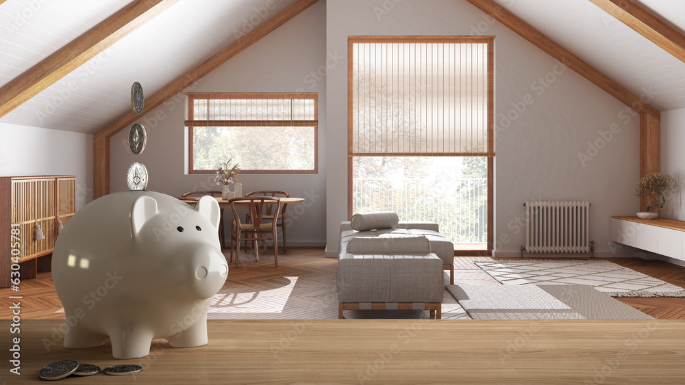Wooden table top or shelf with white piggy bank with coins, japandi ...