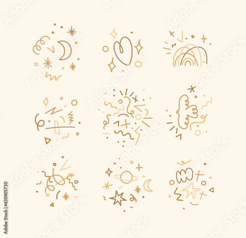 Cute color linear composition with moon, heart, rainbow, tornado, planets, symbols and elements drawing on beige background