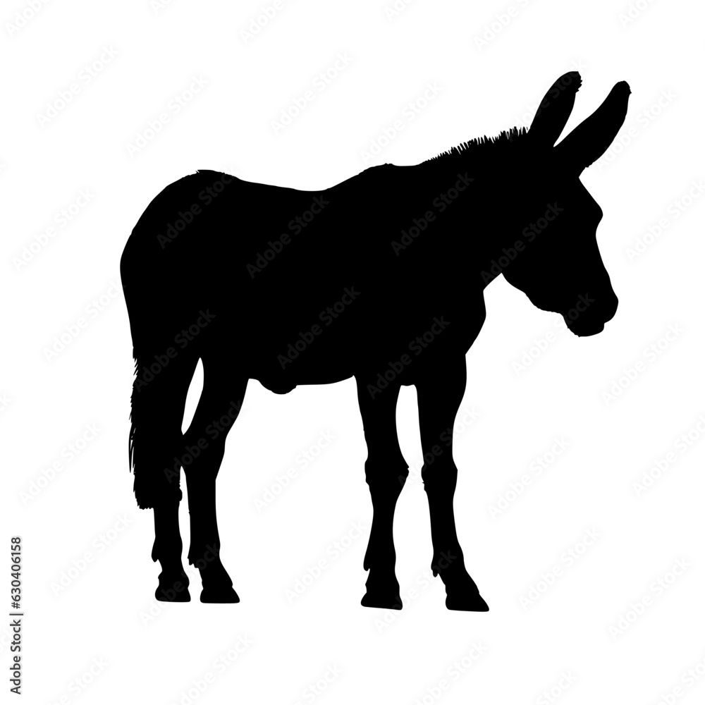Obraz premium Black silhouette of a donkey isolated on white background. vector logo of a mule. black icon of a horse. vector illustration of a john.