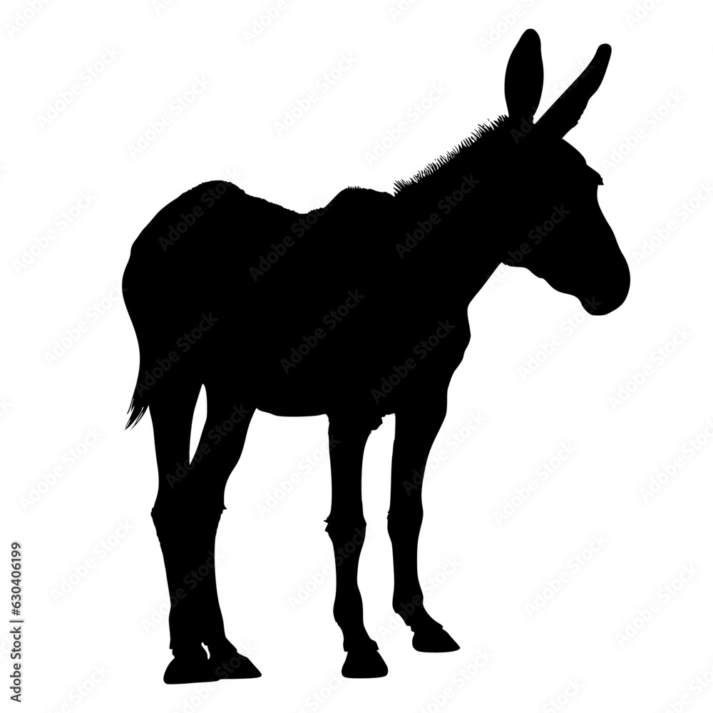 Obraz premium Black silhouette of a donkey isolated on white background. vector logo of a mule. black icon of a horse. vector illustration of a john.