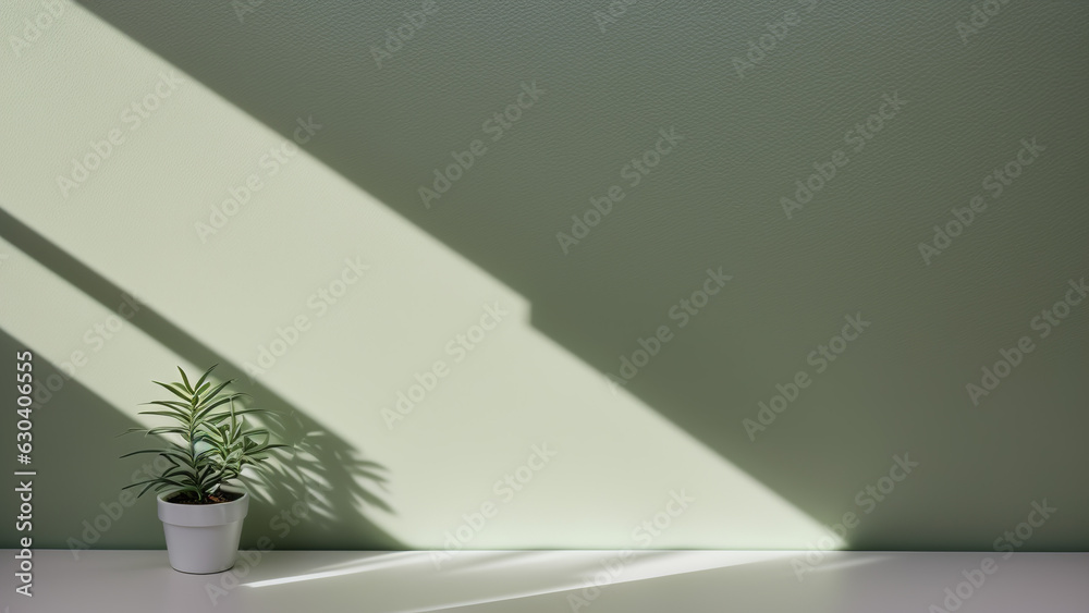 Minimalistic abstract gentle light green background for product presentation with light and intricate shadow from the window and vegetation on wall Minimalistic abstract gentle light green background for product presentation with light and intricate shadow from the window and vegetation on wall