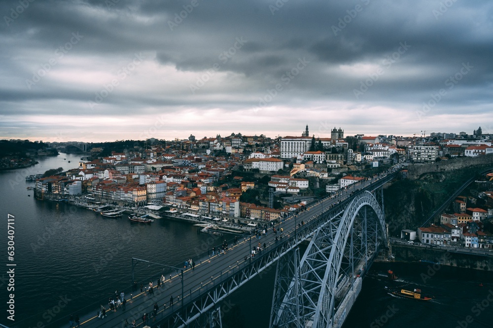 Aerial view of the Ponte Dom Luis bridge near the skyline of Porto, Portugal