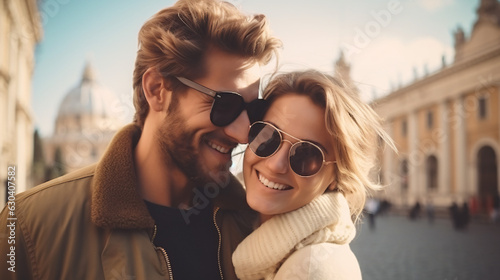 Young couple in Rome. Boyfriend and girlfriend holding city map visiting the beautiful italian city at holiday moment