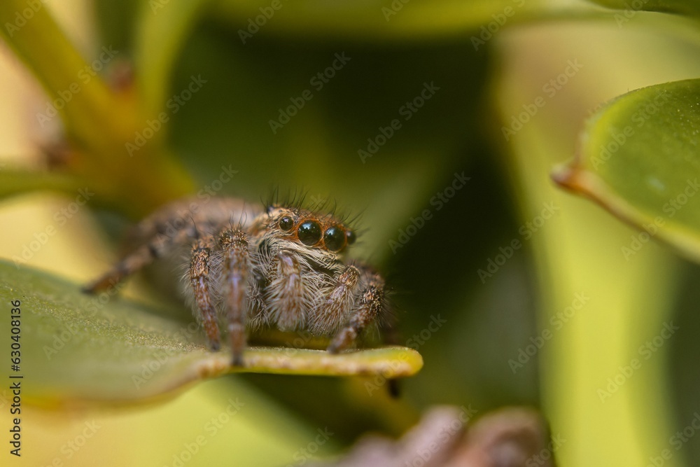 Fototapeta premium Small jumping spider perched atop a vibrant green plant leaf