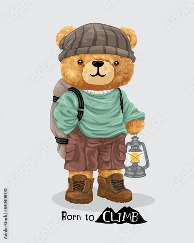 Vector illustration of hand drawn teddy bear in camper costume with backpack holding lantern