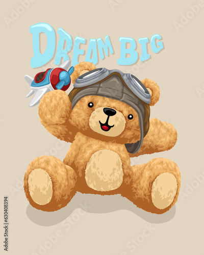 Vector illustration of hand drawn teddy bear with aviator helmet holding airplane toy