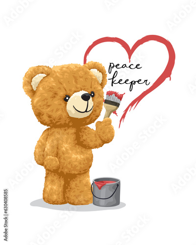 Vector illustration of hand drawn teddy bear holding paintbrush painting heart symbol on wall