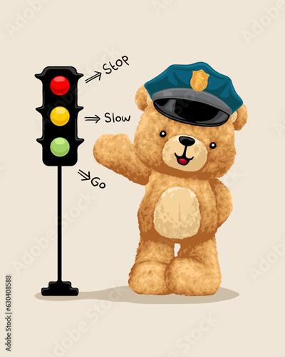 Vector illustration of hand drawn teddy bear wearing cop hat with stoplight