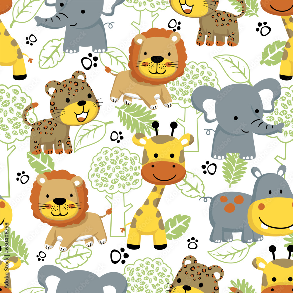 Naklejka premium Seamless pattern vector of funny animals cartoon with trees and leaves