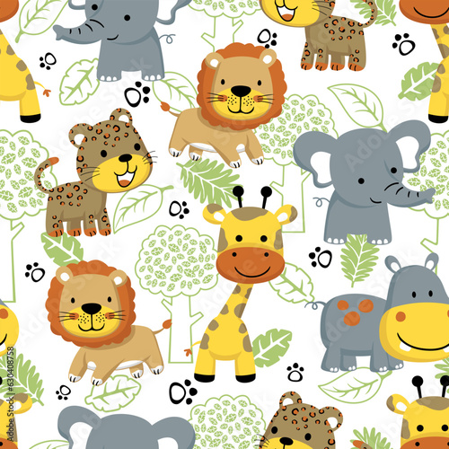 Seamless pattern vector of funny animals cartoon with trees and leaves