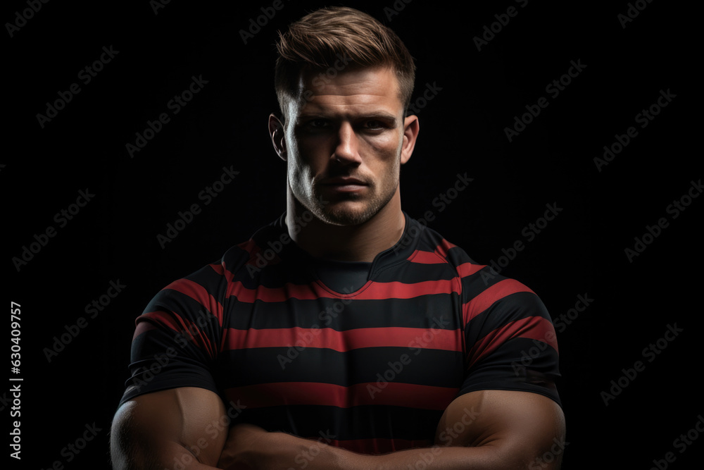 Concentrated Man Rugby Player Standsa Black Background . Power Of Focused Man, Black Ribbon In Rugby, Respect For Female Representation, Role Models In Sports, Origins Of Mans Rugby