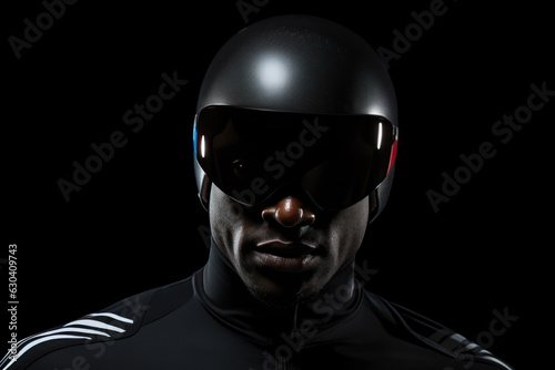 Concentrated Man Bobsledder Standsa Black Background . Concentrated Man Bobsledder, Boblsedders Astonishing Achievement, Training Techniques Used, Mans Career Overview © Ян Заболотний