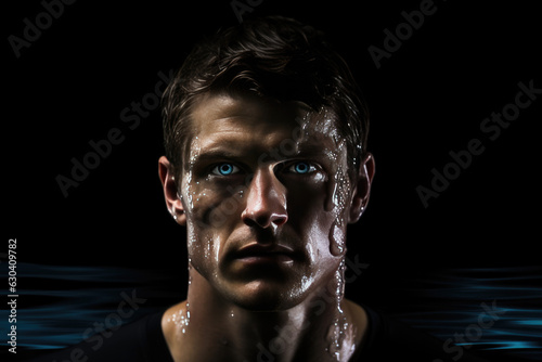 Concentrated Man Swimmer Standsa Black Background . Power Of Concentration, Swimming For Fitness, Strength Of The Human Spirit, Benefits Of Black Backgrounds, Staying Motivated © Ян Заболотний