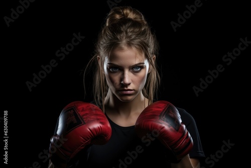 Concentrated Woman Boxer Standsa Black Background . Powerful Woman Boxers, Concentrated Posture, Womens Boxing, Black Background, Posing For A Photo, Stance And Posture, Strength And Courage