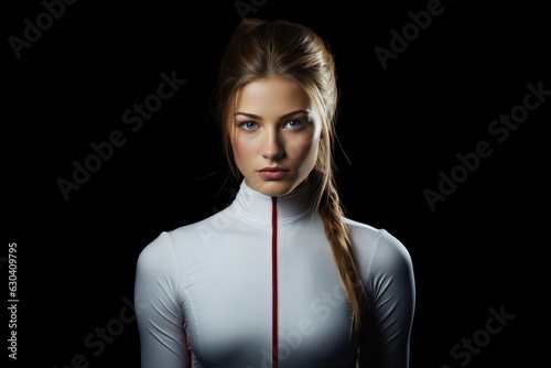 Concentrated Woman Modern Pentathlete Standsa Black Background . Women In Modern Pentathlon, The Dedication Of Female Athletes, The Power Of A Concentrated Focus photo