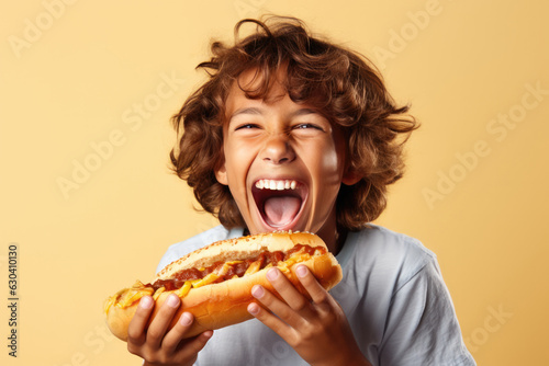 Side View A Happy Boy Eating A Hot Dog . Contentment, Appetite, Joyful Meals, Picnics, Food Photography, Childhood Nostalgia, Young Boys, Hot Dogs