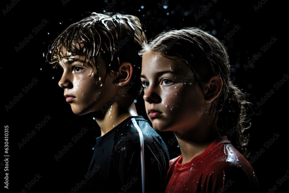 Boy And Girl Water Polo Player Standsa Black Background. Girl Water