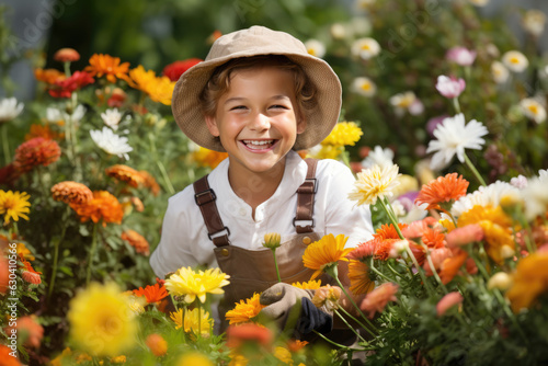 Very Happy Young Boy An Enthusiastic Gardener Surrounded By Blooming Flowers Tending To The Garden . Enthusiastic Gardening, Blooming Flowers, Garden Care, Joy Of Harvest, Plant Health Benefits
