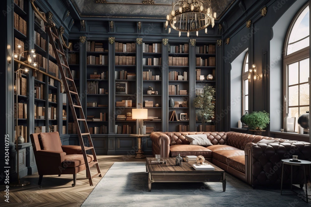 Luxurious interior of home library. Elegant furnished living room , luxury interior design - generative ai