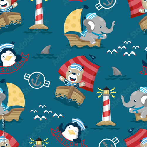 Seamless pattern vector of funny animals on sailboat with sailing elements