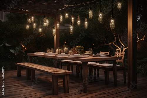 A lavish outdoor dining area featuring elegant design and stylish comfort in a luxurious summer setting. Generated AI