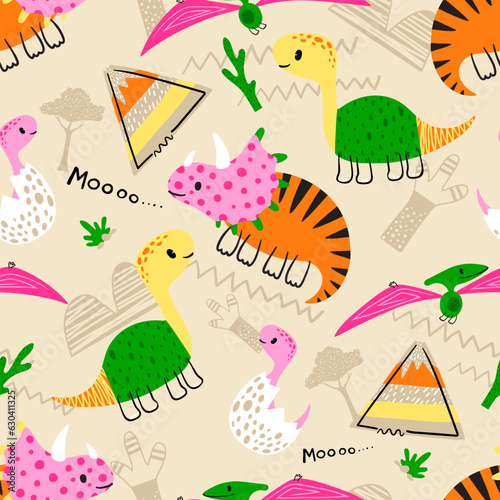 Seamless pattern vector of cute dinosaurs doodle cartoon