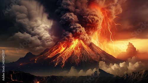 Vászonkép a volcano erupts smoke as it erupts into the sky.  generative ai
