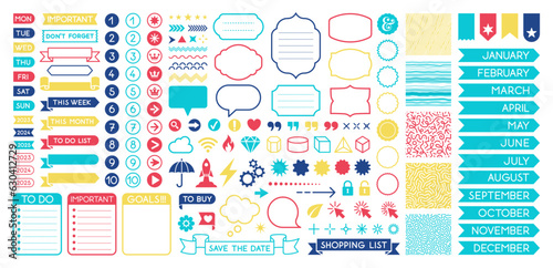 Full Vector Planner Stickers and elements Set. Pastel Colored Organizer tags, Texture Patterns and Icons. Cute Calendar, Planners and Diaries Labels and Symbols.