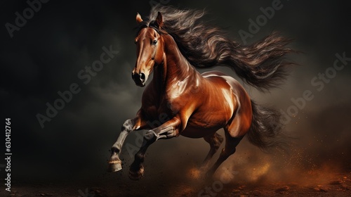  a brown horse running in the dark with a dark sky in the background.  generative ai © Oleg