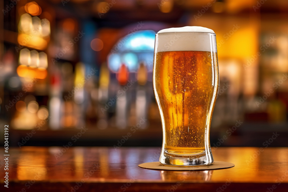 A glass of cold beer with foam on the table with blurred pub background, close up shot with copy space, Internationnal beer concept. A glass of cold beer with foam on the table with blurred pub background, close up shot with copy space, Internationnal beer concept.
