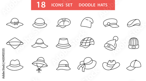 Hat types doodle icons set Different hats isolated