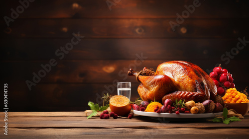 Thanksgiving turkey on wooden table for dinner in Thanksgiving day.