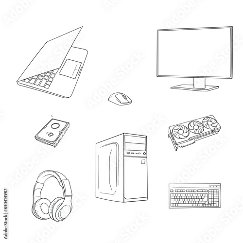 Set of computer part design in hand drawn design for computer day template