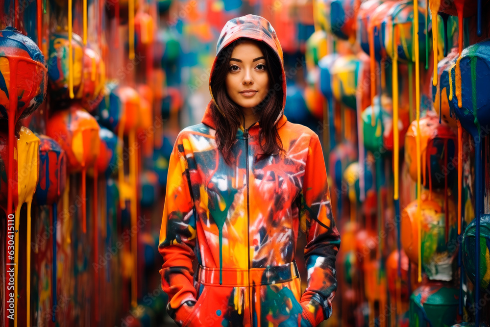 Obraz premium Woman standing in room with dripping paint ,paint poured on coat