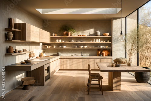 modern kitchen with a large wooden island and bar stools
