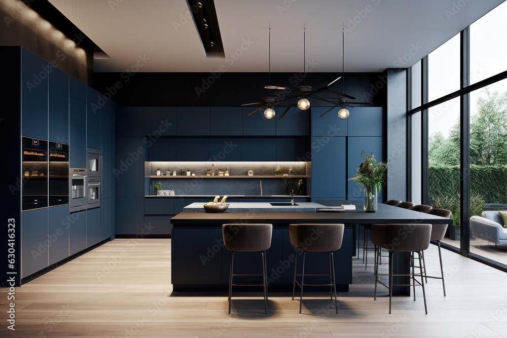 Elegant Blue Kitchen - Sophisticated 3D Render Elegant Blue Kitchen - Sophisticated 3D Render