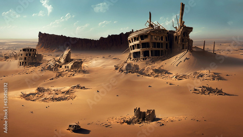 draw of landscape of a dystopian future  with ruins of a buildings of a city destroyed by climate change  pollution and desertification  no more people live  lot of sand. blue sky with some clouds