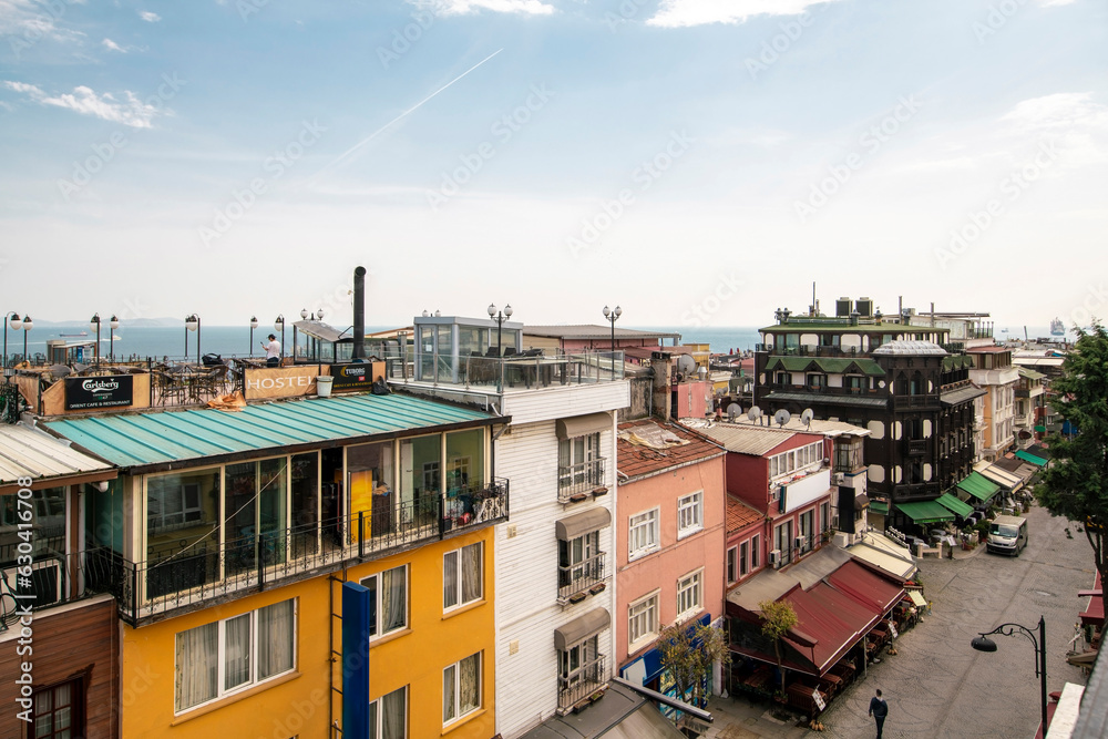 Historic wooden houses, hostels and hotels at the Sultan Ahmet area behind the mosque