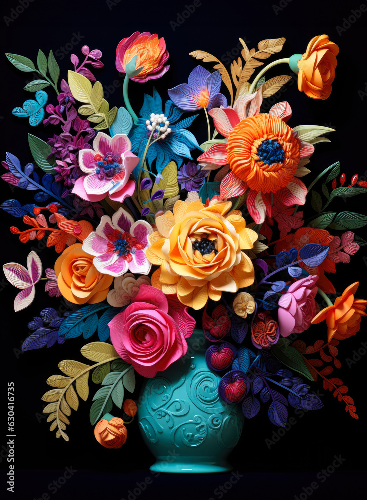 Creative floral Spring creative concept on dark background. Illustration of fresh flowers. Floral bouquet close up.