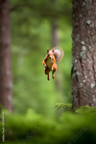 Eurasian red squirrel Sciurus vulgaris jumping in the forest at summer day, neural network generated photorealistic image photo
