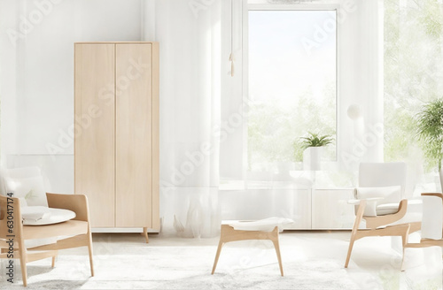 Wood armchair and cabinet in white living room with copy space with big window-Generated with AI
