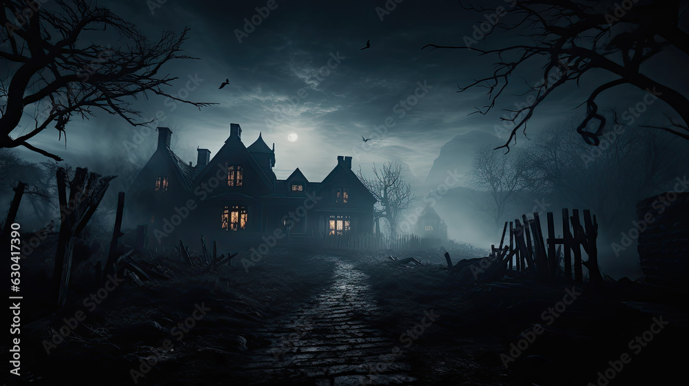 Sinister Haunted House: Creepy Halloween Horror Background Created with Generative AI