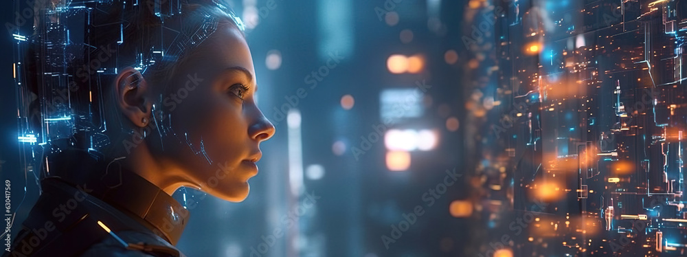 Close-up of a Caucasian woman observing a wall with technology codes. Concept of artificial intelligence Close-up of a Caucasian woman observing a wall with technology codes. Concept of artificial intelligence