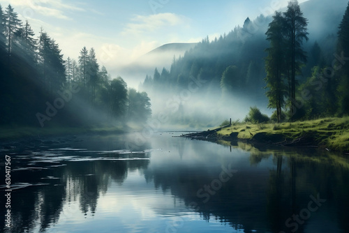 Misty morning on a tranquil river, a moment of serenity and reflection. © Tachfine Art