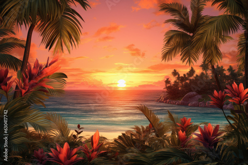 Tropical Paradise Retreat  Palm Leaves  Exotic Flowers  and Warm Sunset Colors Created with Generative AI